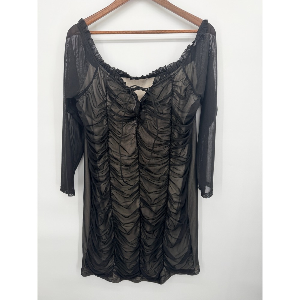 Mini Dress Women 4XL Black Good Ruched Mesh Lace Up Back Plus Size
